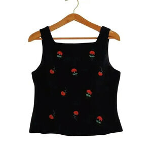 Vintage 90s Jessica Howard Black Red Embroidered Flowers Tank Women's Size 10